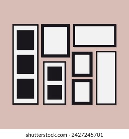 A composition of empty picture frames and photos. Art gallery wall collage of empty square and rectangular frames with a black frame. Vector illustration.