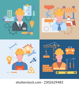 Composition with engineers. Builders in uniform and suit, protective helmets. Construction and urban architecture. Characters with construction tools and bricks. Cartoon flat vector illustration