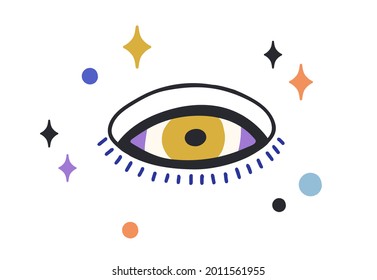 Composition of esoteric evil eye with stars around. Magic holy eyeball with eyelashes in doodle style. Mystical occult abstract symbol of god. Flat vector illustration isolated on white background