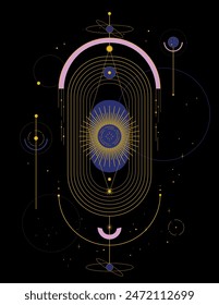 Composition of esoteric, occult, alchemical and boho symbols on a black background. Magic poster with sun, moon and stars.