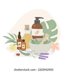 Composition  with essential oil and herbs. Lavender, aloe and aromatic flowers. Spa, aromatherapy accessories, scin care flat vector illustration on white background. 