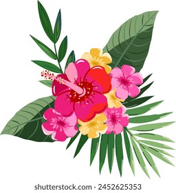 Composition of exotic flowers and leaves