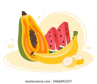 Composition of Exotic fruits. Watermelon, bananas, papaya. Natural vitamins. Fresh Tropical fruits in peel, half, slices. Fruit clipart. Organic healthy food. Natural snack. Vector flat illustration