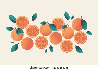 Composición de naranjas exóticas con hojas. Impresión para almohadas decorativas, diseño interior. Vector.