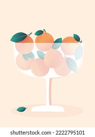 Composition of exotic oranges with leaves in a transparent frosted glass vase on a pink background. Vertical banner with fruits. Vector.