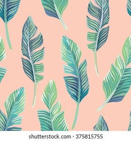 Composition Of Exotic Palm Banana Leaf On A Light Pink Background. Print Summer Seamless Vector Pattern Wallpaper