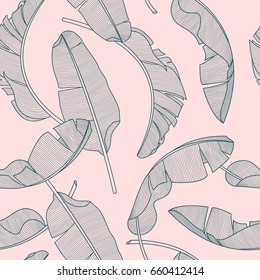 Composition of exotic palm banana leaf on a light pink background. Print summer seamless vector pattern wallpaper
