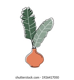 Composition with exotic palm leaves and abstract vase. Flowers and Leaves in Vase Line Art Vector Illustration. Minimal trendy art print. 