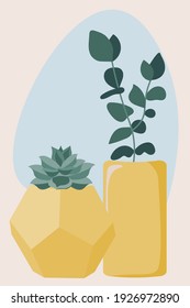 Composition with exotic palm leaves and Abstract modern vases. Trendy collage for design in an ecological style. Minimal trendy art vector flat illustration. Poster print in trends colors .