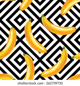 The composition of exotic tropical fruit banana food hand drawn watercolor on black and white geometric background of squares. Fashion art seamless vector pattern wallpaper