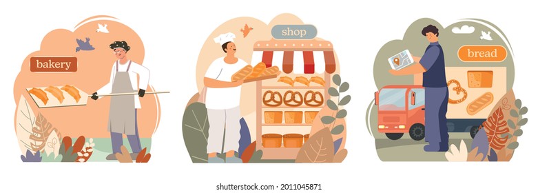 Composition explaining how bread from the bakery gets to our table flat isolated vector illustration