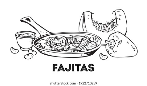 Composition With Fajitas And Vegetables. Hand Drawn Outline Vector Sketch Illustration. Black On White Background