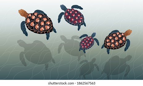Composition of a family of sea turtles swimming in the ocean. Vector