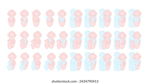 La composición de la familia - un conjunto de iconos lineales. dibujos simples de una madre, padre de un número diferente de hijos. Ilustraciones vectoriales aisladas.