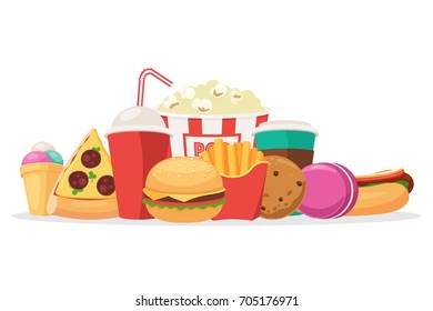 Composition of fast food: ice-cream, hamburger, fries, hot dog, popcorn, pastries, pizza, soda and coffee. Concept of unhealthy food. Vector illustration in cartoon style isolated on white background