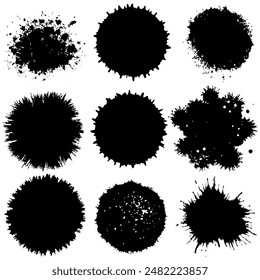 The composition features black circles against a white background