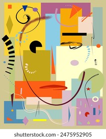 A  composition features a variety of geometric shapes, set against a multicolor background. Abstract elements and bright colors combine to create a playful  visual effect, evoking a face