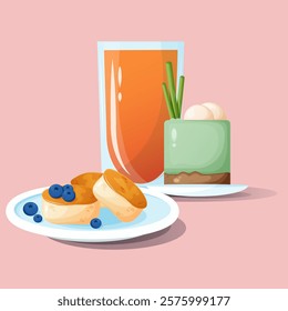 A composition featuring a dessert, a glass of freshly squeezed orange juice, and fluffy syrniki with berries. An appealing design for cafés, culinary blogs, or breakfast posters.