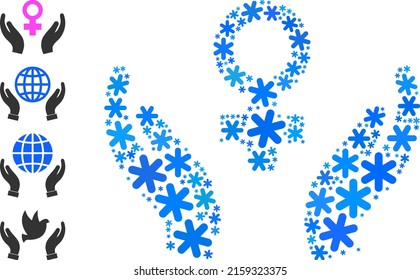 Icono de la composición del cuidado femenino se hace para invierno, Año Nuevo, Navidad. El mosaico de iconos de cuidado femenino se hace a partir de iconos de nieve azul claro. Se añaden algunos iconos adicionales.