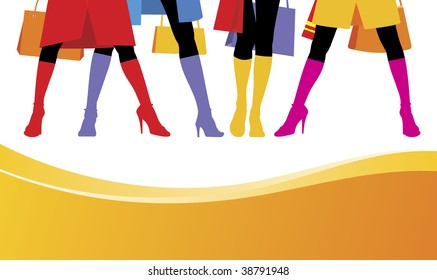 Composition with female feet. Standing four women bright boots are put on. Feet are located on a white background.
