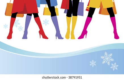 Composition with female feet. Standing four women bright boots are put on. Near to them snowflakes are located.
