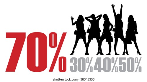 Composition with female figures. Five black figures on a white background. Near to them percent are located.