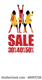 Composition with female figures. Three female figures are dressed in bright clothes. Under them inscription SALE and percent are located.