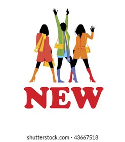Composition with female figures. Three figures are dressed in bright modern clothes. Under them word NEW is located.