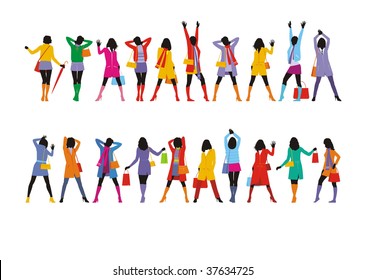 Composition with female figures. Twenty figures are dressed in bright winter clothes. They are located on a white background.