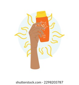 Composition of female hand holds sunscreen cream with sun and abstract shape. SPF protection and sun safety concept. Anti UV protection and solar skincare products. Hand drawn vector illustration 
