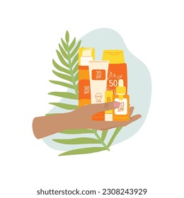 Die Zusammensetzung der weiblichen Hand hält Sonnencreme, Spray mit Palmenblatt und abstrakte Form. SPF Schutz- und Sonnenschutzkonzept. UV-Schutz-Produkte. handgezeichnete Vektorgrafik