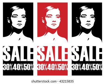 Composition with female heads. In the centre the female head on a red background is located. Under it there is inscription SALE.