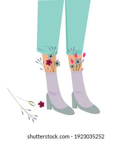 Composition of female legs in fashion high heels in socks and shoes tucked in with flowers.  vector illustration isolated on white background