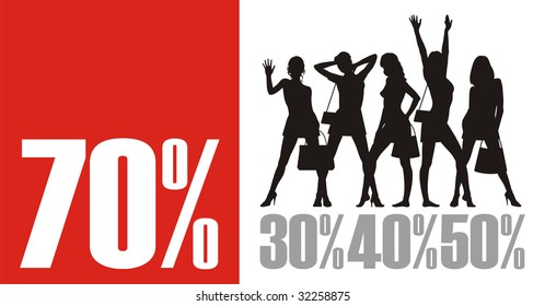 Composition with female silhouettes and percent. In the top part of a composition female figures are located. Under them different percent.