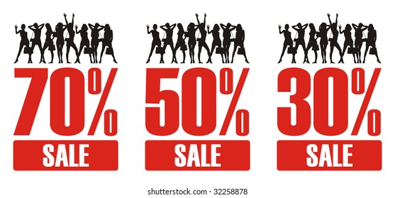 Composition with female silhouettes and percent. In the top part of a composition female figures are located. Under them different percent.