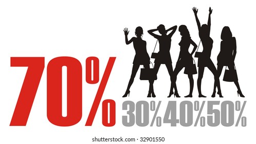 Composition with female silhouettes and percent. In the top part of a composition female figures are located. Under them different percent.