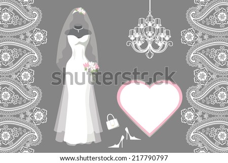 The composition of female's wedding long dress,Bridal veil,handbags ,high-heeled shoes,chandelier,label,paisley border. Bridal shower.Fashion vector Illustration