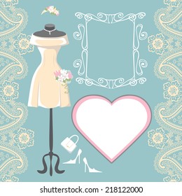 The composition of female's wedding short dress,Bridal veil,handbags ,high-heeled shoes,swirling frame,label,paisley border. Bridal shower.Fashion vector Illustration