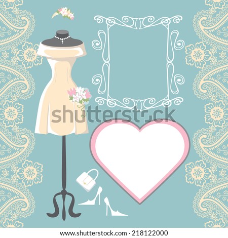 The composition of female's wedding short dress,Bridal veil,handbags ,high-heeled shoes,swirling frame,label,paisley border. Bridal shower.Fashion vector Illustration