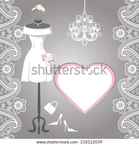 The composition of female's wedding short dress,Bridal veil,handbags ,high-heeled shoes,chandelier,label,paisley border. Bridal shower.Fashion vector Illustration