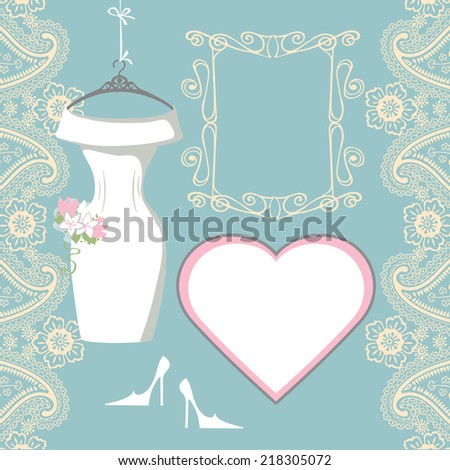 The composition of female's wedding short dress,high-heeled shoes,swirling frame,label,paisley border. Bridal shower.Fashion vector Illustration