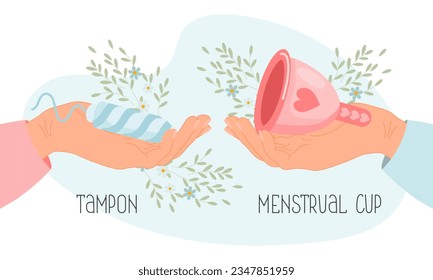 The composition of feminine hygiene. Menstrual cup and tampon in hand. Protection for a woman in critical days. Vector
