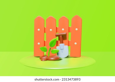 Composición de valla, pala y brote plantado. Vector 3D de baja polilla.