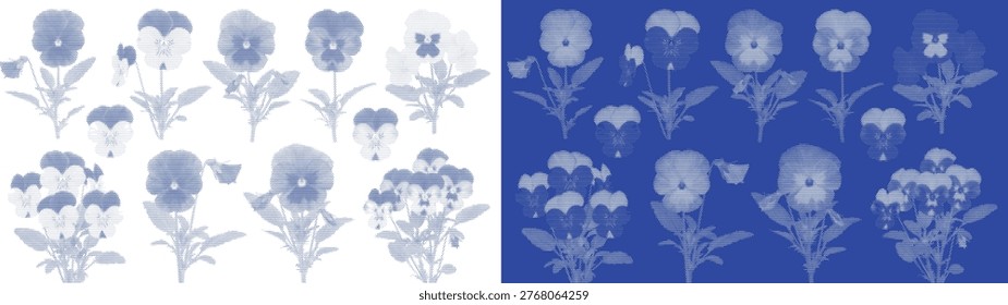Composition of a field of small flowers in a blue cyanotype monochrome arrangement on white background