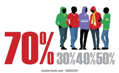 Composition with figures of teenagers. Five figures are dressed in bright clothes. Near to them percent are located.
