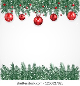 Composition of fir branches border, Christmas decoration, snow and berries isolated on a white background 