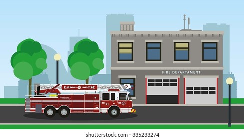 The composition of the fire truck and fire station. Vector illustration.