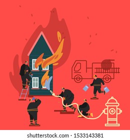 Composition of Firefighter Using Water From Hose for Fire Fighting Burning House. Fireman in Uniform, Fire Department Rescuer with Equipment Set, Truck, Hydrant, Extinguisher. Vector Illustration 