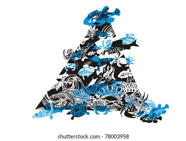 Composition of fish, crabs, turtle, against the black triangle with patterns
