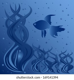 Composition of fish floating around aquatic plants, phantasmagoric hand drawing vector illustration in blue tints